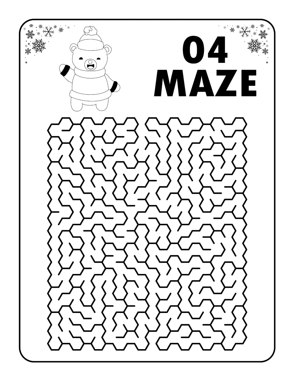 Maze 04: students trace a route through a hexagon maze from top to bottom, with a laughing bear in hat and mittens