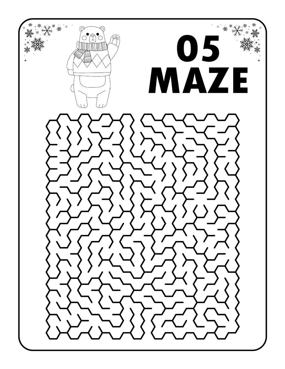 Maze 05: students solve a hexagon maze from entrance to exit, topped by a waving bear in a scarf and argyle sweater