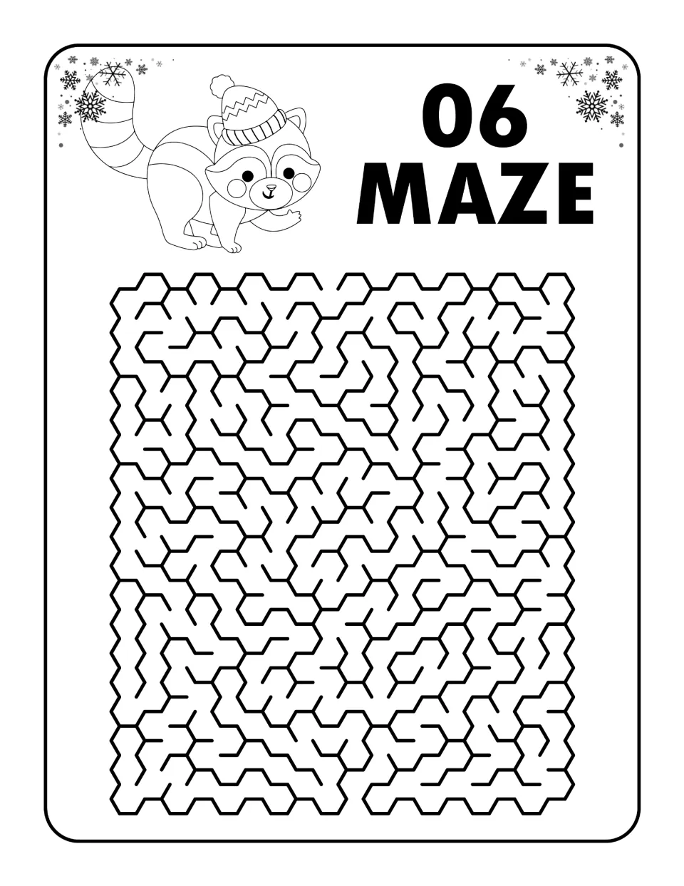 Maze 06: students solve a twisting hexagon maze from the top gap to the bottom gap, with a raccoon in a knit hat