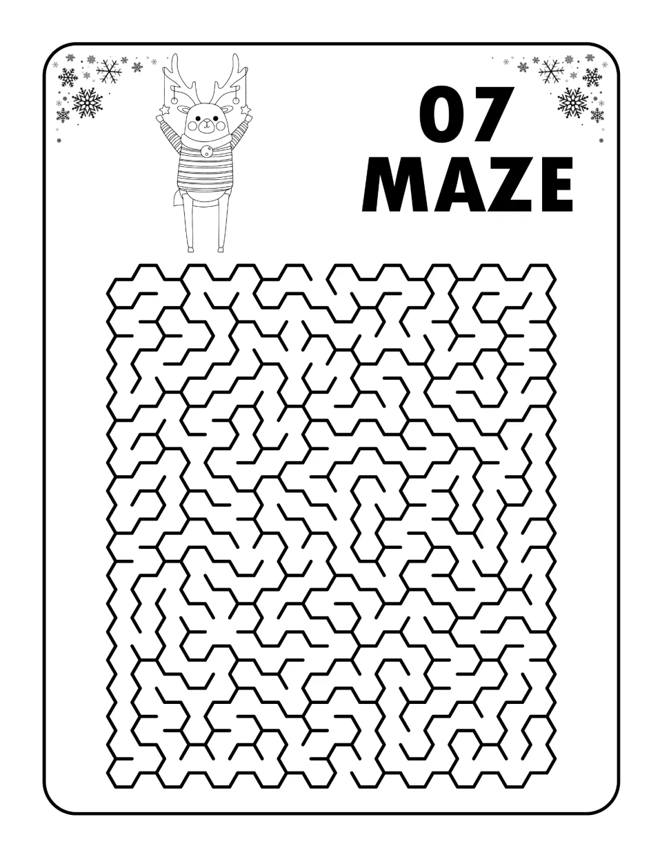 Maze 07: students trace a hexagon maze from start to finish below a reindeer in a sweater with ornament-hung antlers