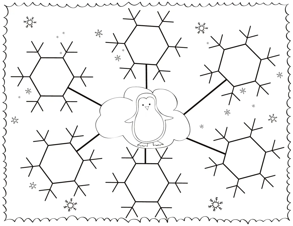 Penguin story-planning mind map with a penguin picture as the topic and six spaces for related ideas