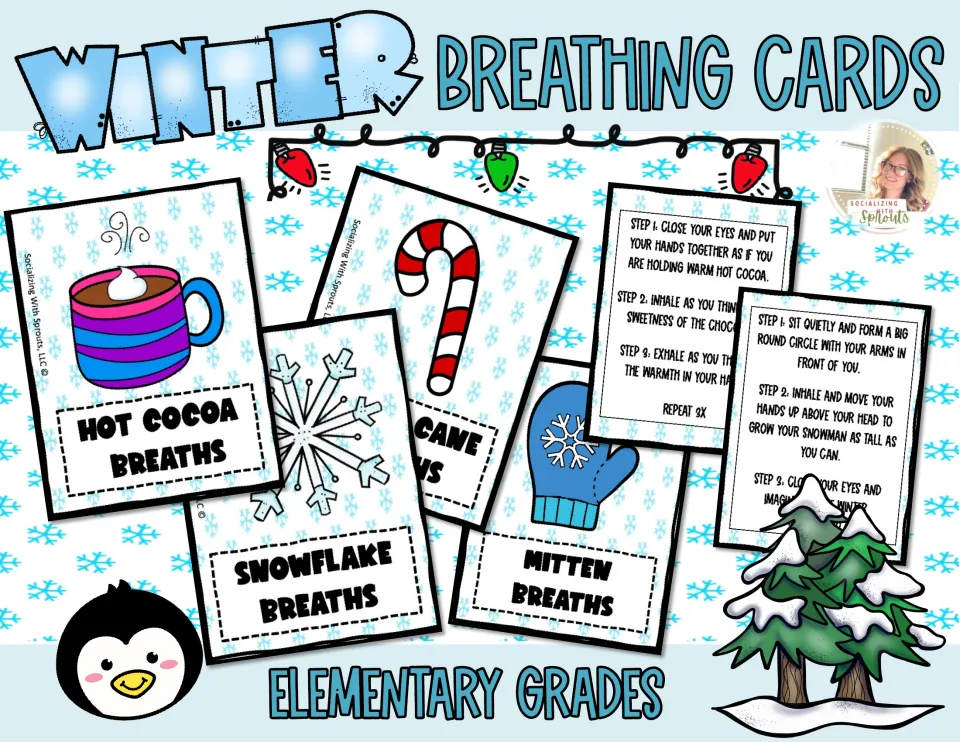 Winter Breathing Cards cover for elementary grades: hot cocoa, snowflake, candy cane and mitten cards with step backs