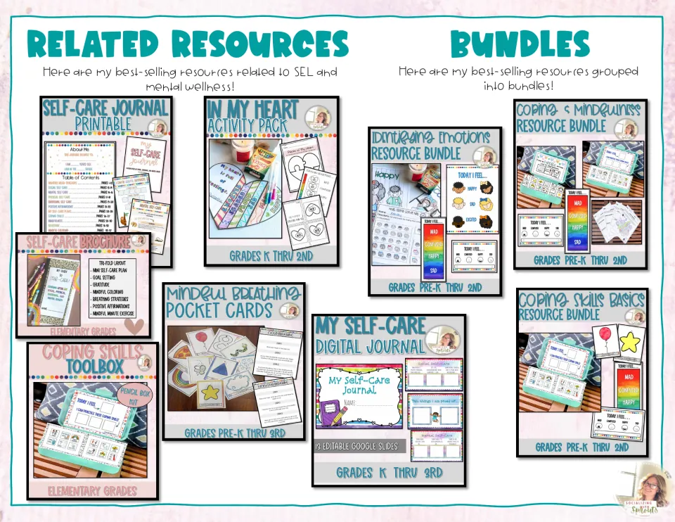 Related Resources and Bundles: covers of other SEL products such as a self-care journal and coping skills toolbox
