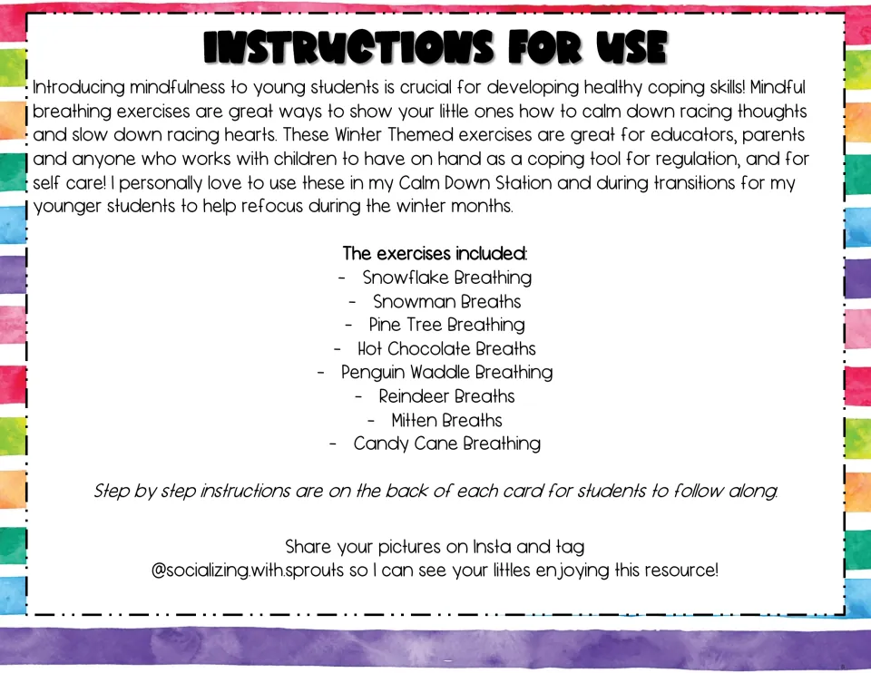Instructions for Use: why to teach mindful breathing and a list of the 8 winter exercises, from Snowflake to Candy Cane