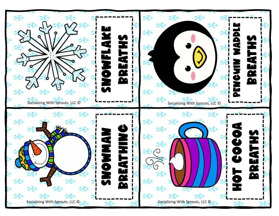 Breathing card fronts: Snowflake Breaths, Penguin Waddle Breaths, Snowman Breathing and Hot Cocoa Breaths with pictures