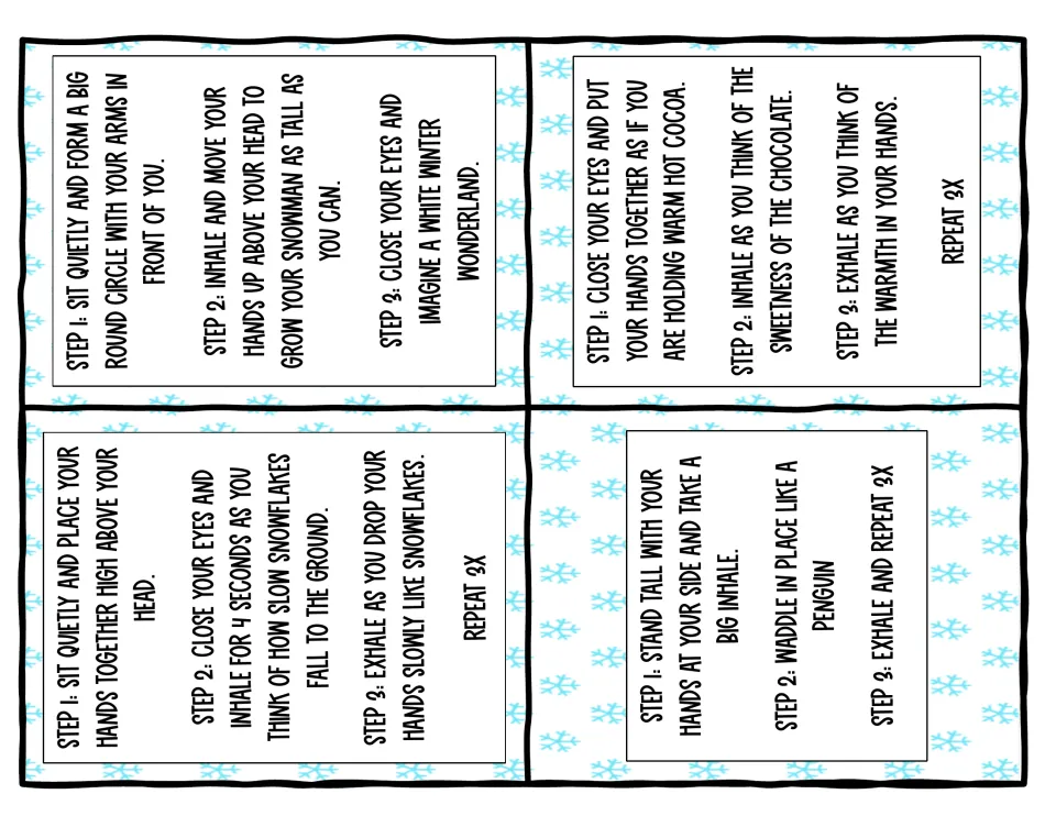 Card backs with steps for snowflake, snowman, hot cocoa and penguin breathing: inhale, move or waddle, exhale, repeat 3x