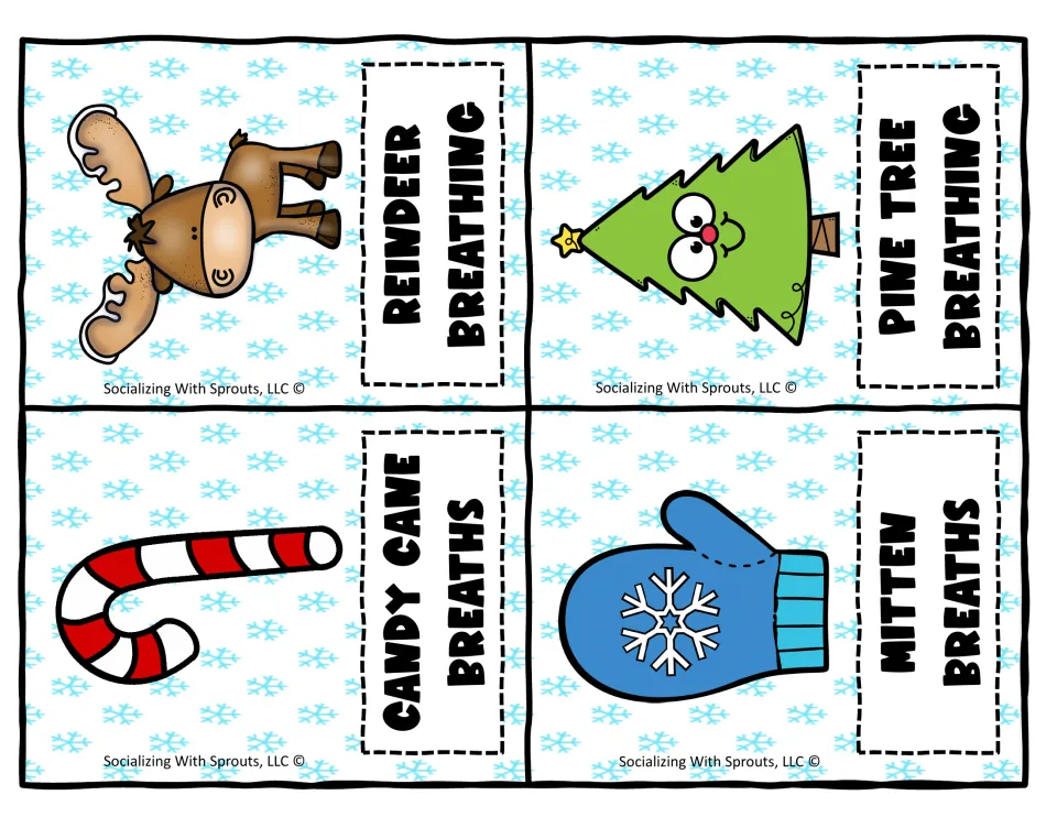 Breathing card fronts: Reindeer Breathing, Pine Tree Breathing, Candy Cane Breaths and Mitten Breaths with pictures