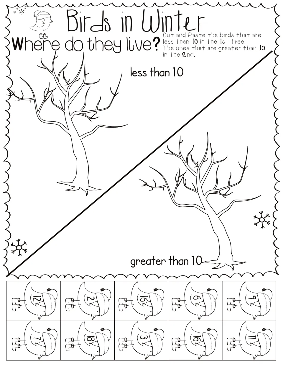 Birds in Winter: students cut out 10 numbered birds and paste them on the less than 10 or greater than 10 tree