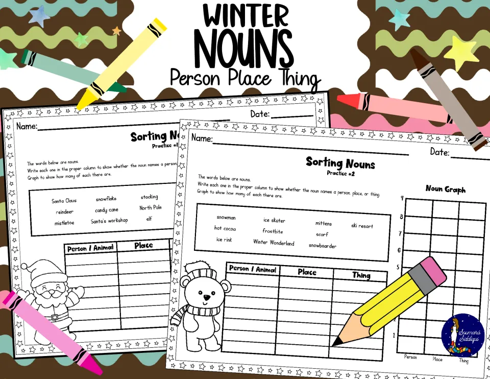 Winter Nouns Person Place Thing cover showing Sorting Nouns Practice #1 and #2 with word banks, sort tables and noun graphs