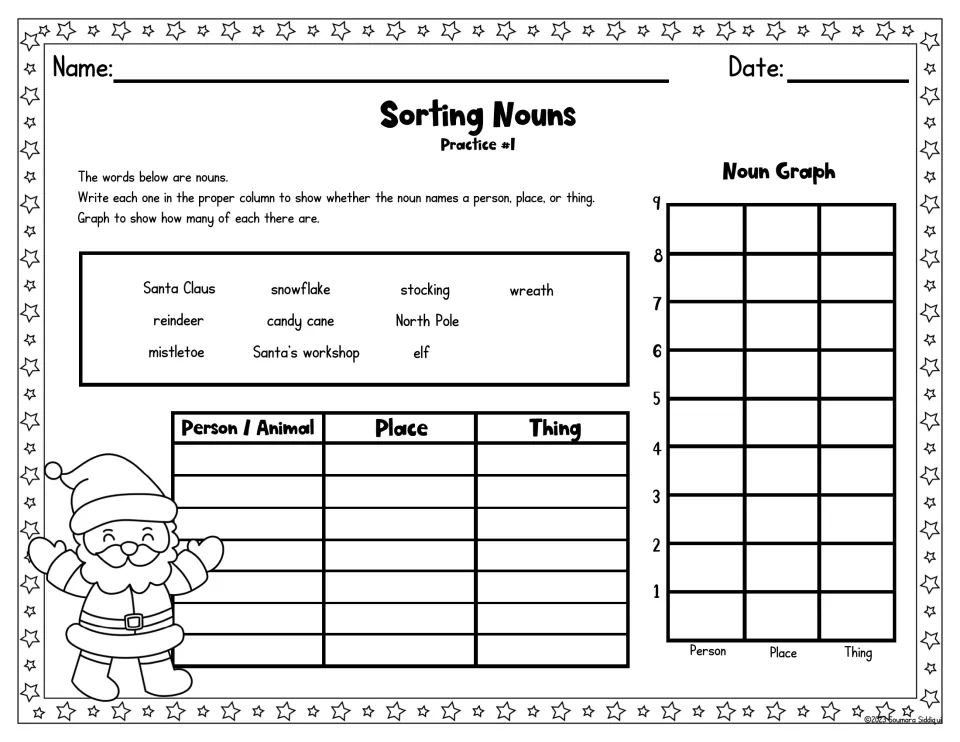 Sorting nouns, Practice #1: students sort Santa Claus, reindeer, wreath and more by person, place or thing, then graph