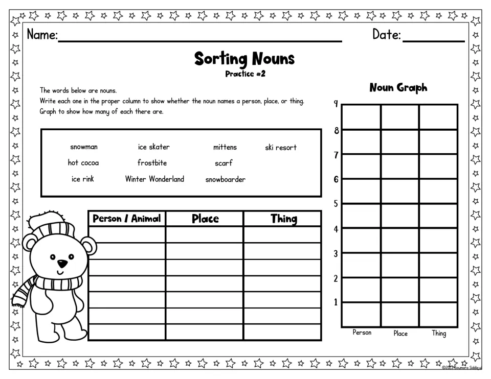 Sorting nouns, Practice #2: students sort snowman, ice skater, ski resort and more into person, place or thing, then graph