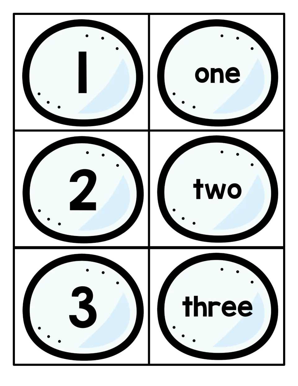 Numbers 1 to 3 on icy blue snowball cards: numeral cards 1, 2, 3 beside word cards one, two, three for matching