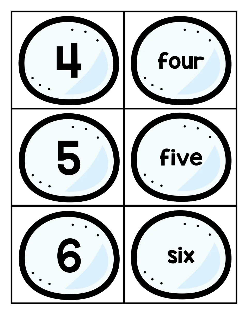 Numbers 4 to 6 on snowball cards: numerals 4, 5 and 6 each paired with its number word four, five or six to match