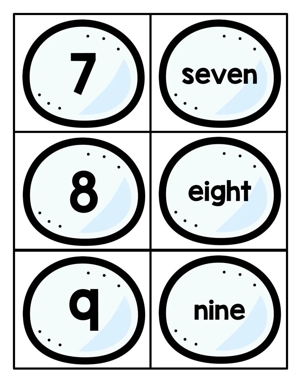 Numbers 7 to 9 on snowball cards: numerals 7, 8 and 9 next to the words seven, eight and nine for reading number words