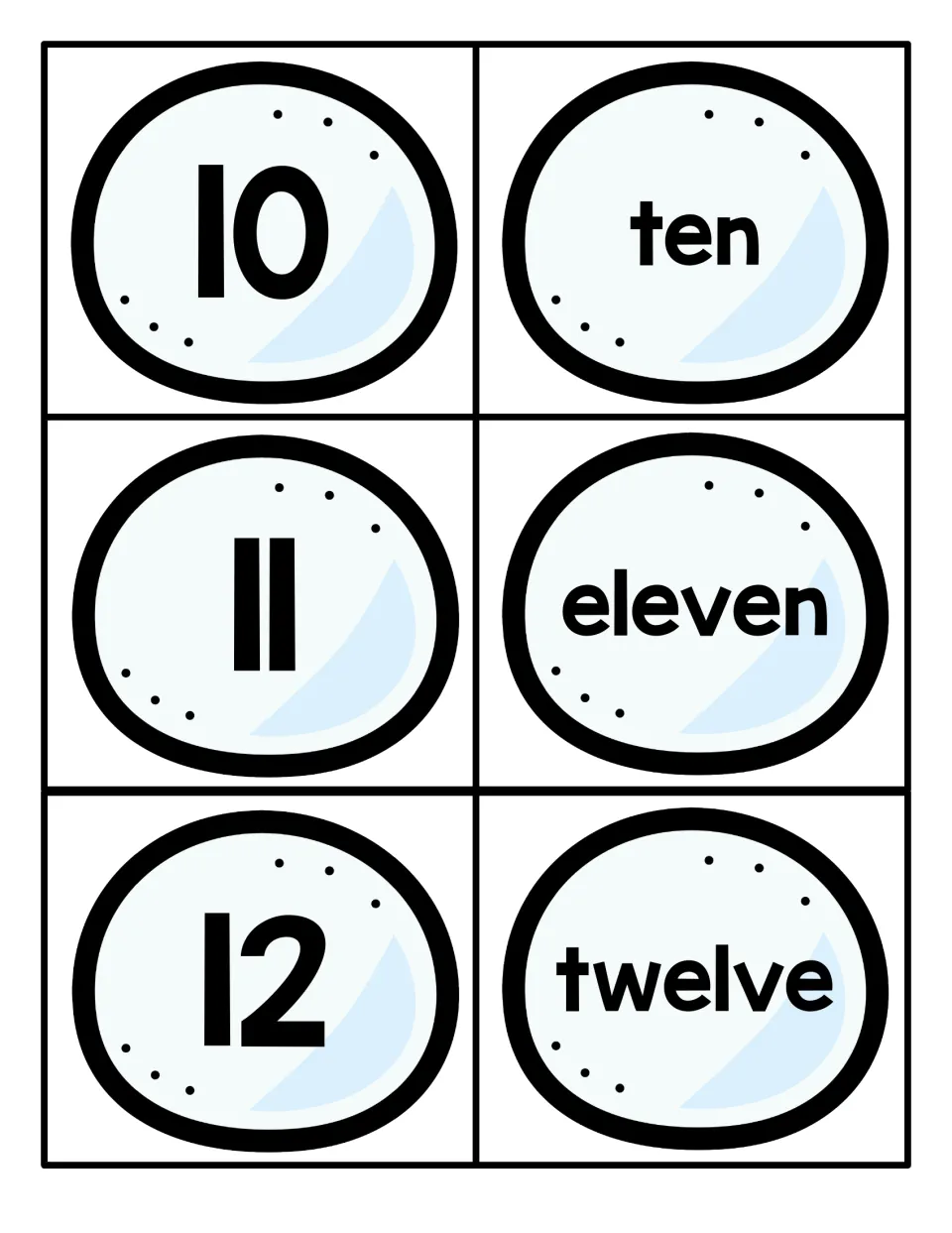 Numbers 10 to 12 on snowball cards: numerals 10, 11 and 12 with the words ten, eleven and twelve for numeral-word matching