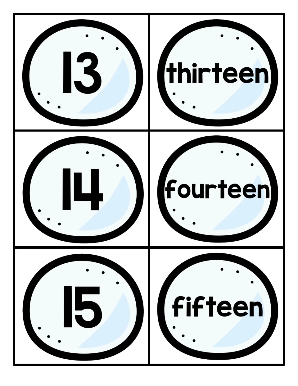 Teen numbers 13 to 15 on snowball cards: numerals 13, 14, 15 beside the words thirteen, fourteen and fifteen to match