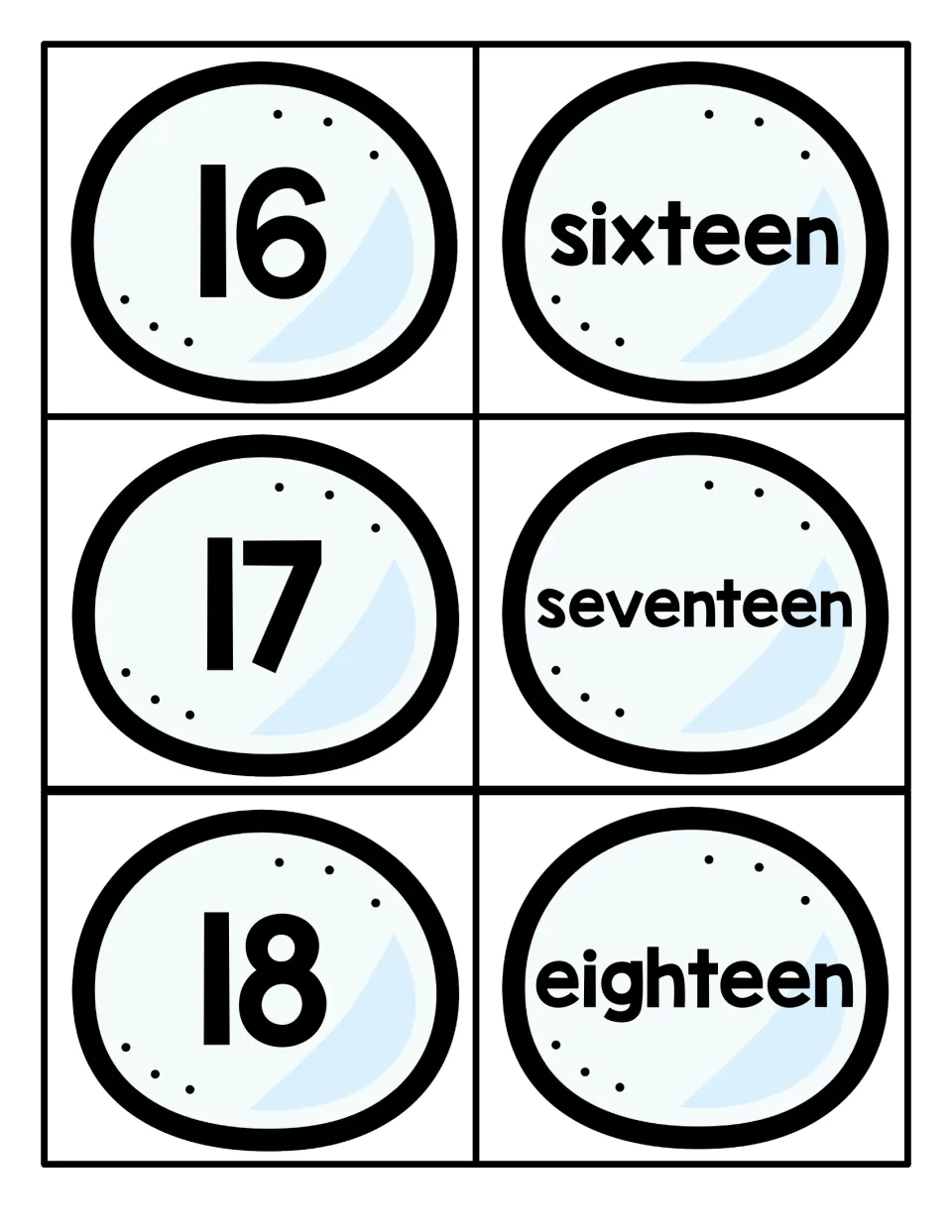 Teen numbers 16 to 18 on snowball cards: numerals 16, 17, 18 with the words sixteen, seventeen and eighteen for matching