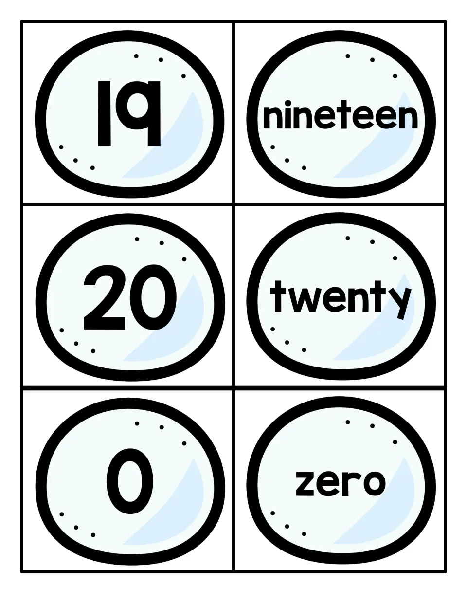 Numbers 19, 20 and 0 on snowball cards: numerals paired with the words nineteen, twenty and zero to complete the 0-20 set