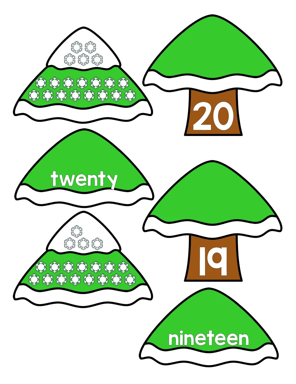 Tree puzzles for 20 and 19: students match cut-out pieces with the numeral, the number word and a count of snowflakes