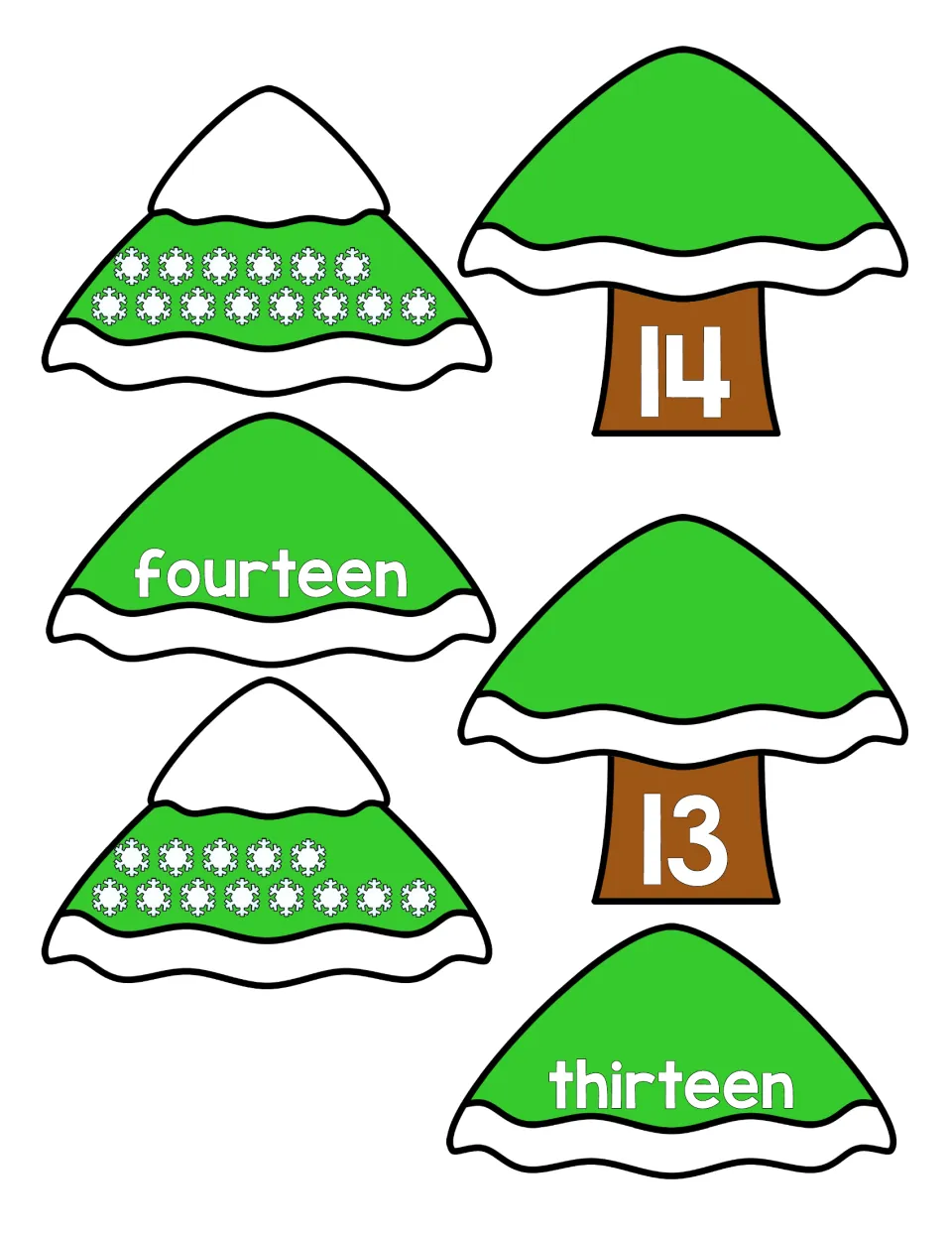 Tree puzzles for 14 and 13: students match each trunk to fourteen or thirteen and to a top with 14 or 13 snowflakes