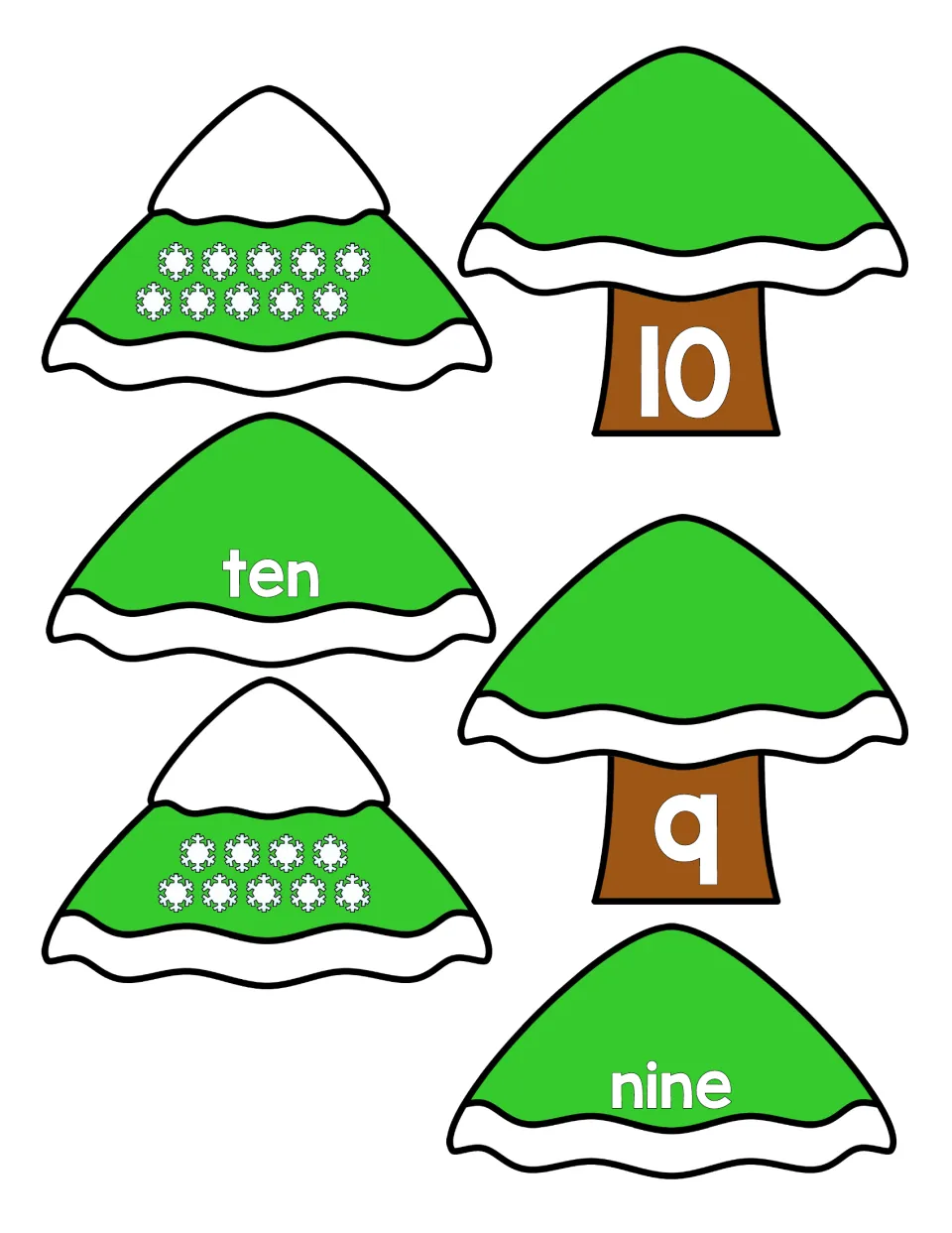 Tree puzzles for 10 and 9: students pair the numeral trunk with the word ten or nine and a top showing that many snowflakes