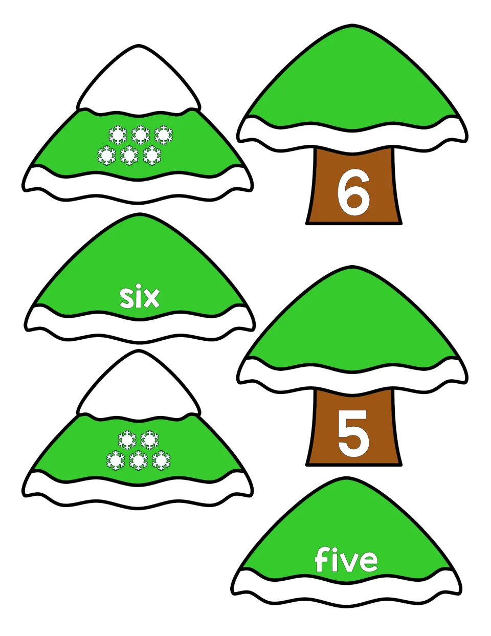 Tree puzzles for 6 and 5: students connect the numeral trunk, the word six or five and a top with that many snowflakes