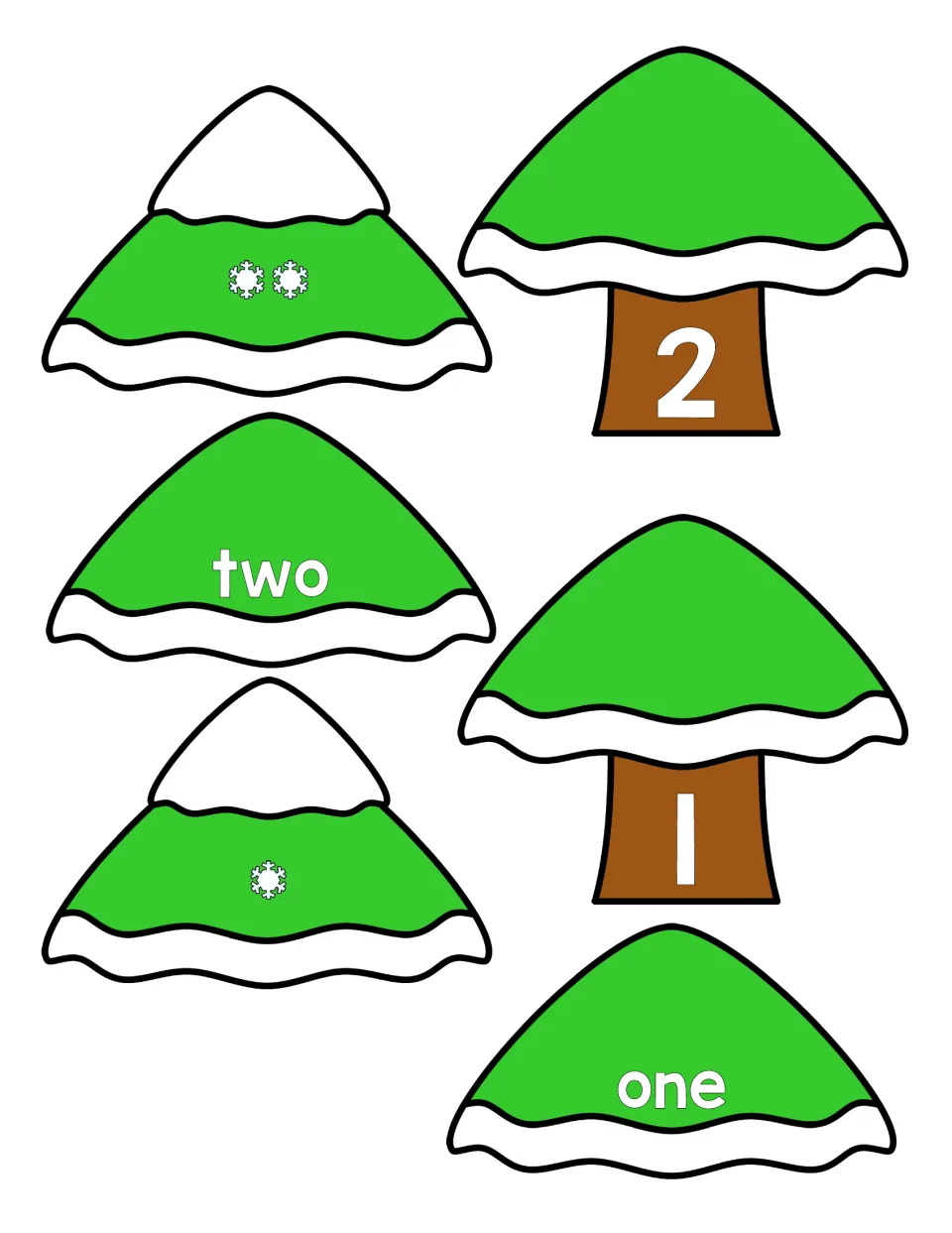 Tree puzzles for 2 and 1: students match the numeral trunks to the words two and one and to tops with two snowflakes or one