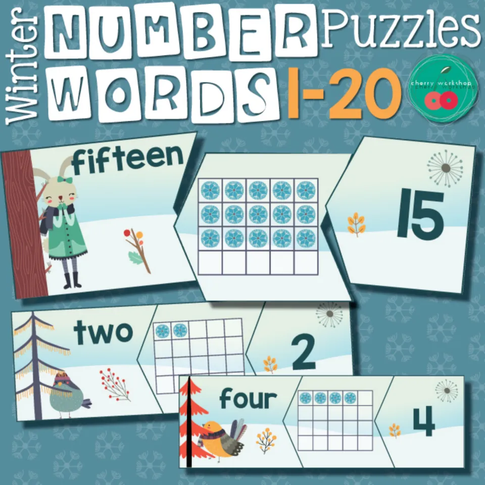 Winter Number Words Puzzles cover showing sample puzzles for fifteen, two, and four from the 1–20 set