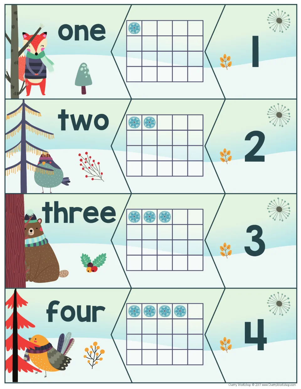 Number puzzles 1–4: one, two, three, and four, each paired with a matching snowflake quantity and numeral