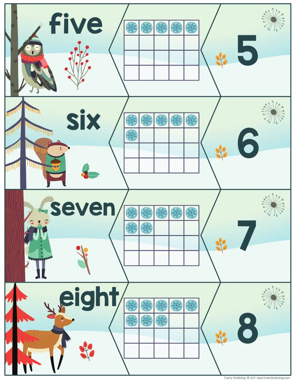 Number puzzles 5–8: five, six, seven, and eight, each paired with a matching snowflake quantity and numeral