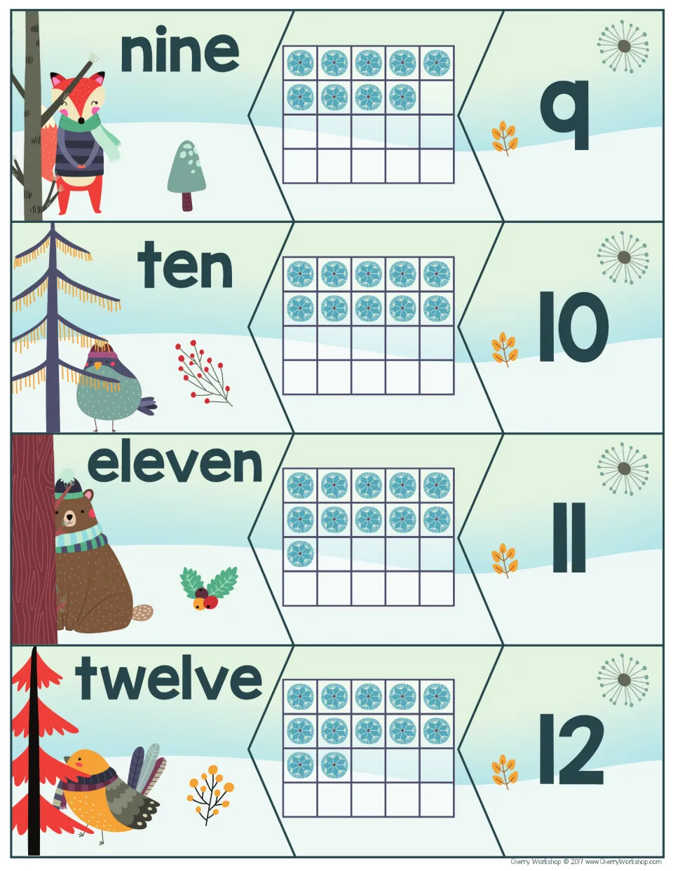 Number puzzles 9–12: nine, ten, eleven, and twelve, paired with matching snowflake quantities and numerals
