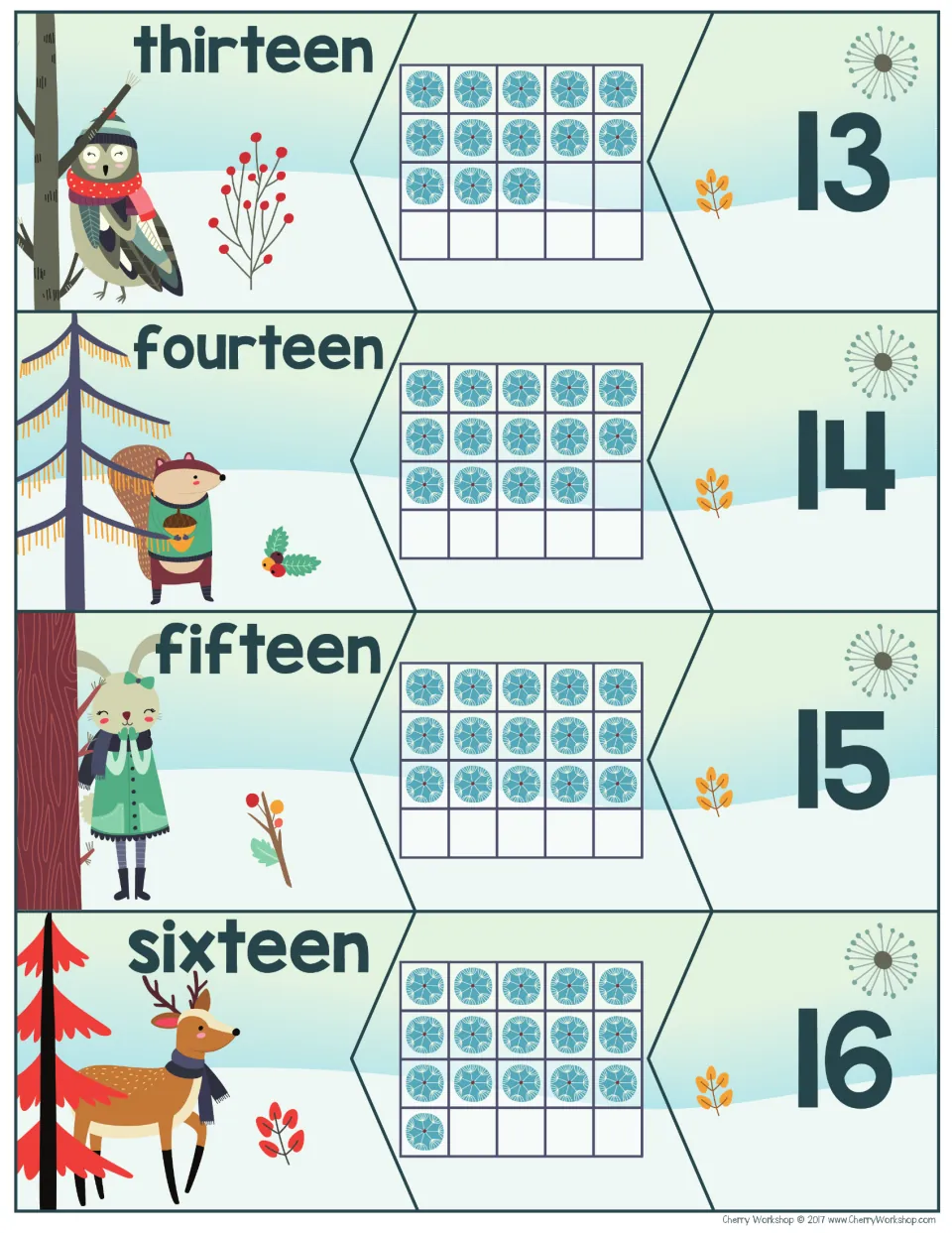 Number puzzles 13–16: thirteen, fourteen, fifteen, and sixteen, with matching snowflake counts and numerals