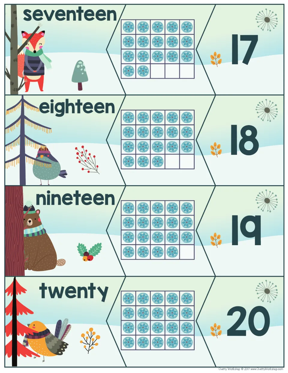 Number puzzles 17–20: seventeen, eighteen, nineteen, and twenty, with matching snowflake counts and numerals