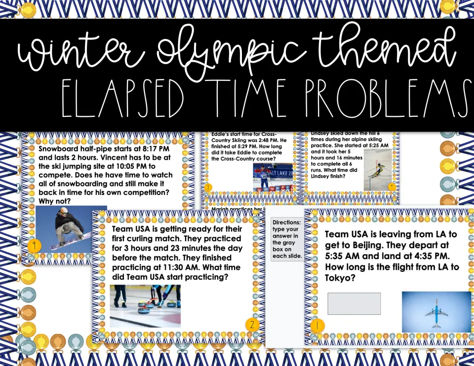 Winter Olympic themed elapsed time problems cover showing sample task cards on curling, skiing, snowboarding and a flight
