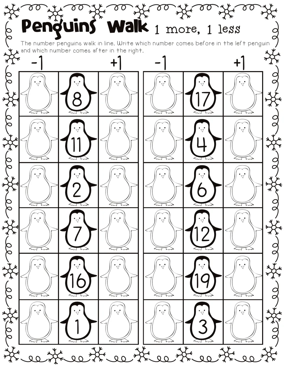 Penguins Walk, 1 more and 1 less: students write the numbers before and after 12 penguin numbers from 1 to 19
