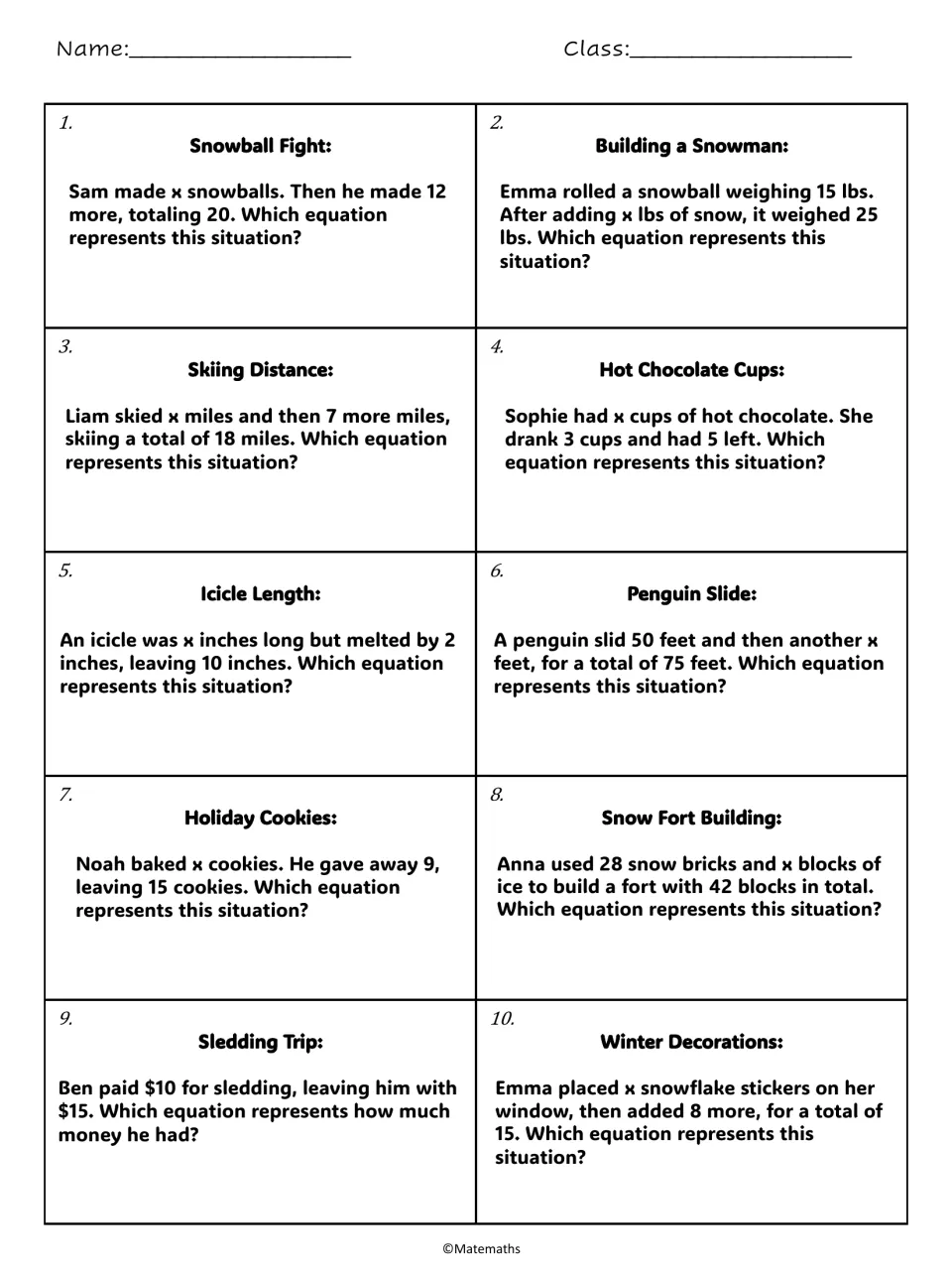 Winter word problems 1-10: students write the one-step equation for each story, from Snowball Fight to Winter Decorations
