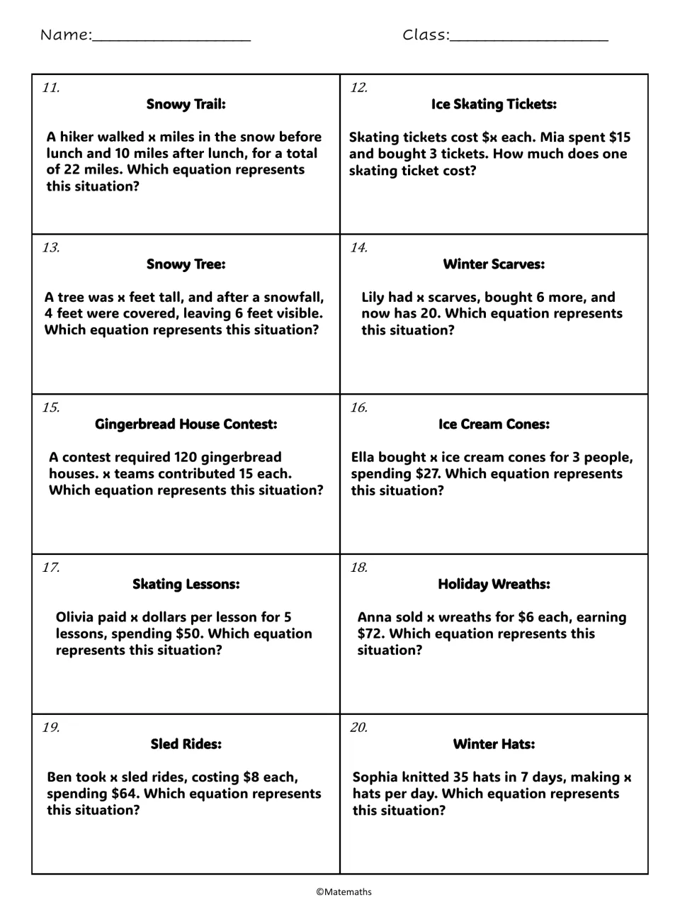 Word problems 11-20: students write equations like 3x = 15 and 5x = 50 for stories on skating, gingerbread houses and hats