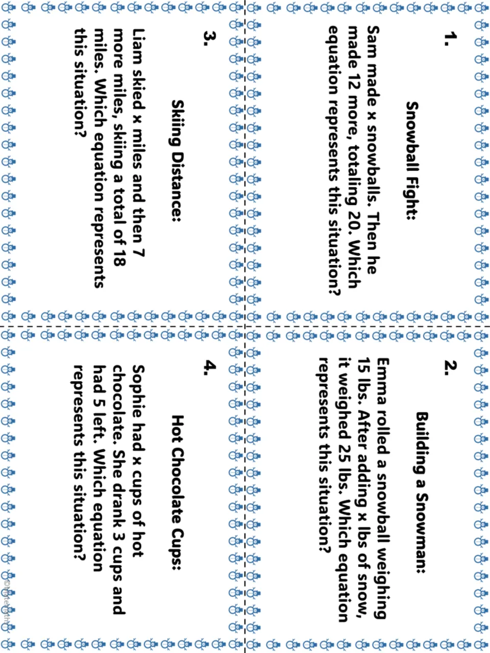 Task cards 1-4, writing equations: Snowball Fight, Building a Snowman, Skiing Distance and Hot Chocolate Cups