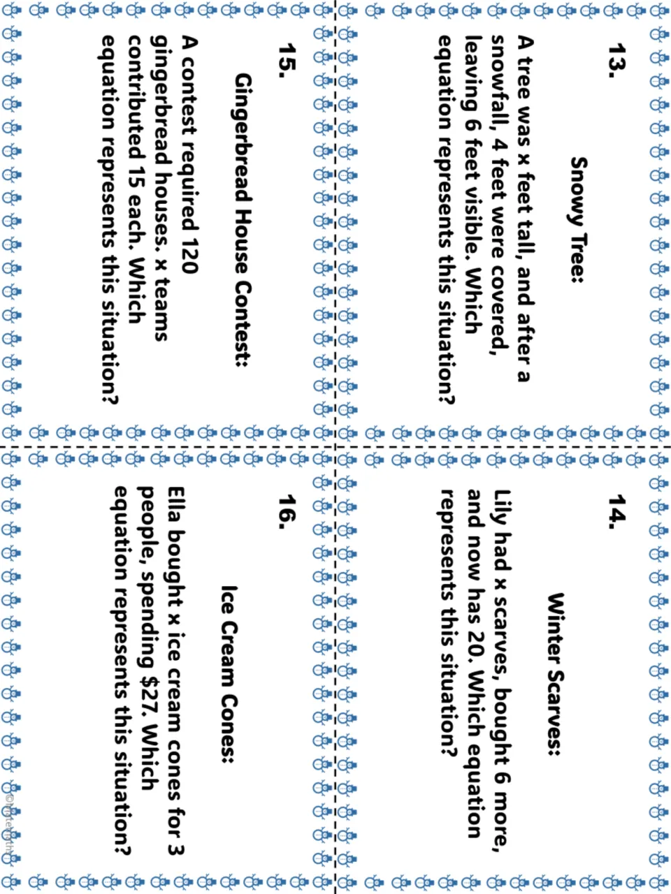 Task cards 13-16: Snowy Tree, Winter Scarves, Gingerbread House Contest and Ice Cream Cones one-step equation stories