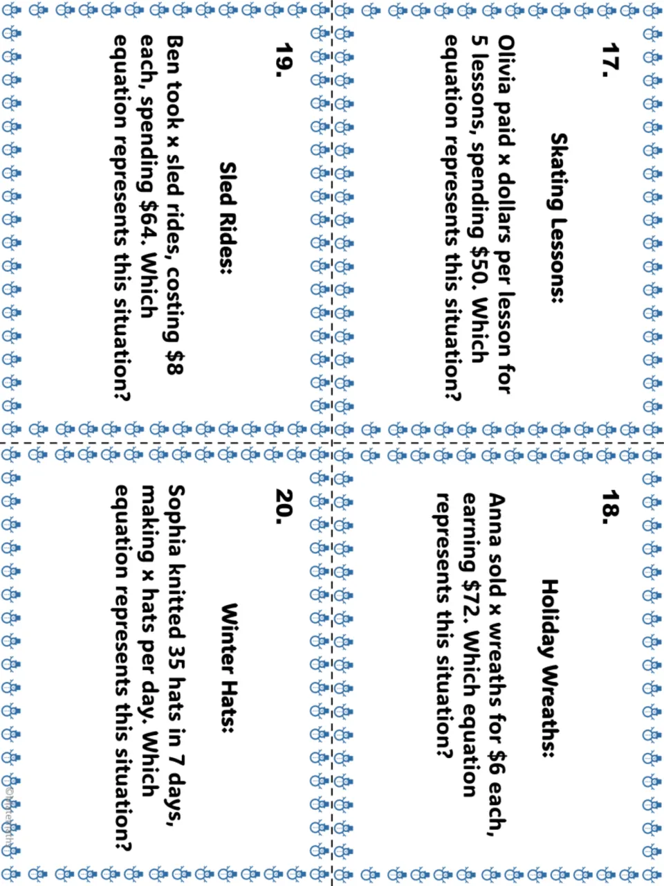 Task cards 17-20: Skating Lessons, Sled Rides, Holiday Wreaths and Winter Hats, each solved with a multiplication equation