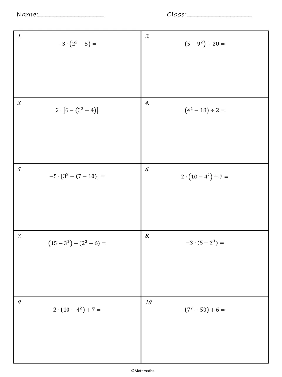 Order of operations with integers: students evaluate problems 1-10 using exponents, parentheses and brackets