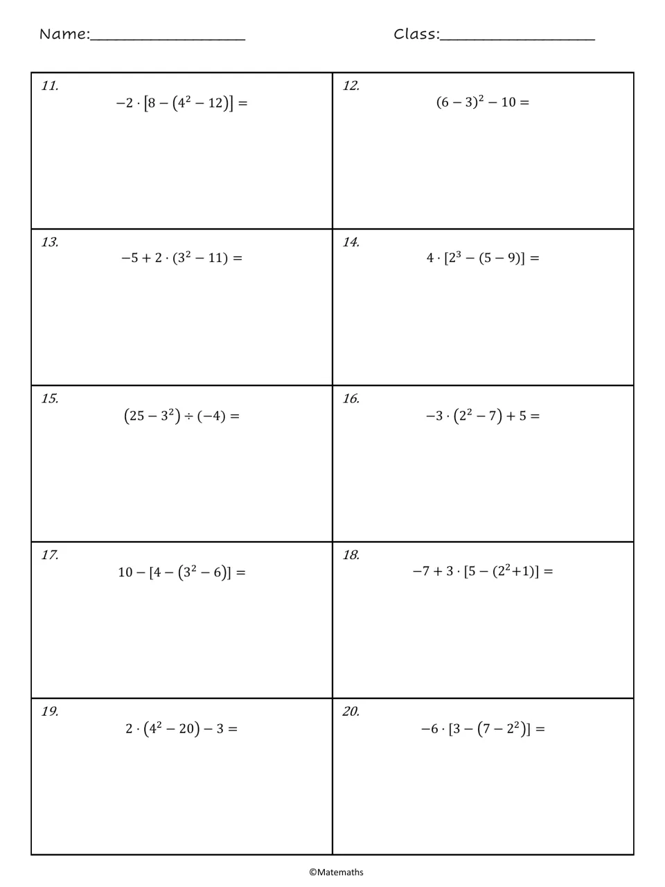 Integer order of operations: students simplify problems 11-20 with exponents and nested brackets, e.g. (6-3)²-10