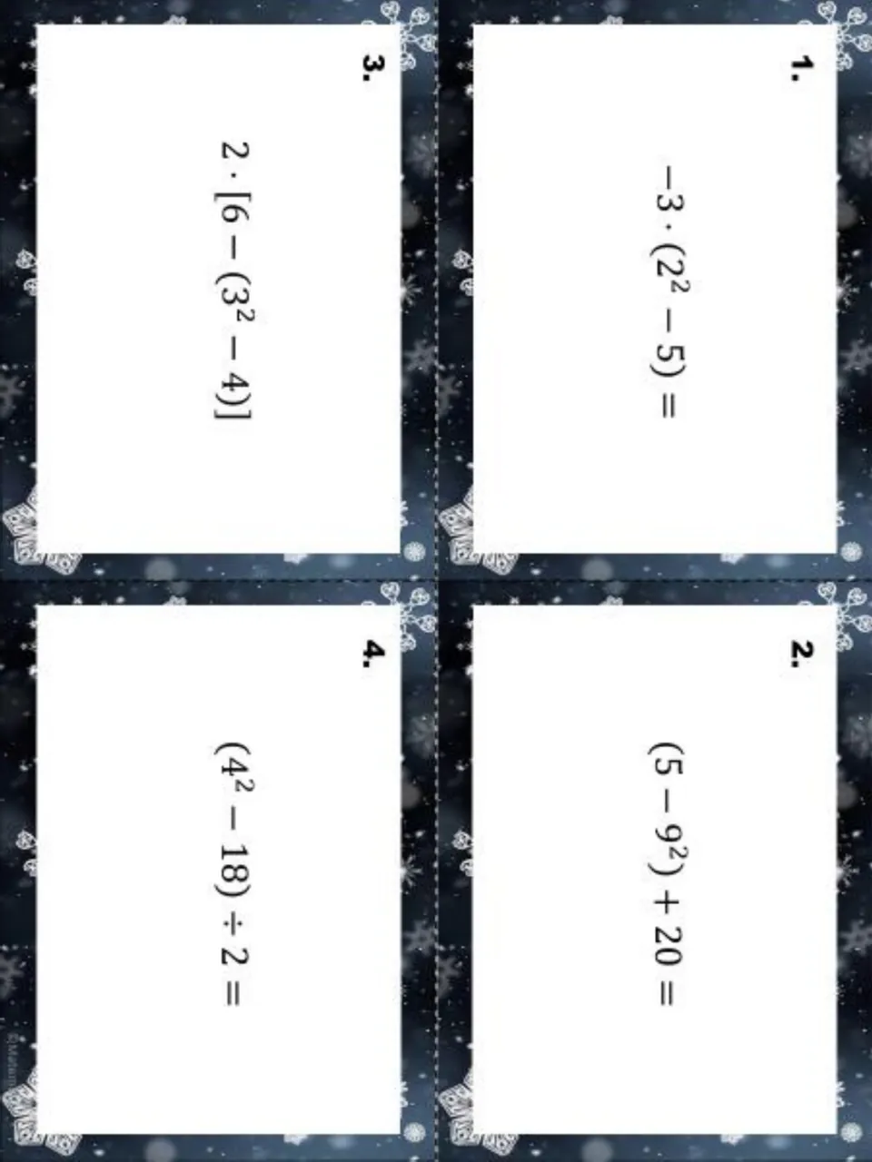 Winter task cards 1-4: students evaluate integer expressions with exponents, such as -3·(2²-5) and (4²-18)÷2