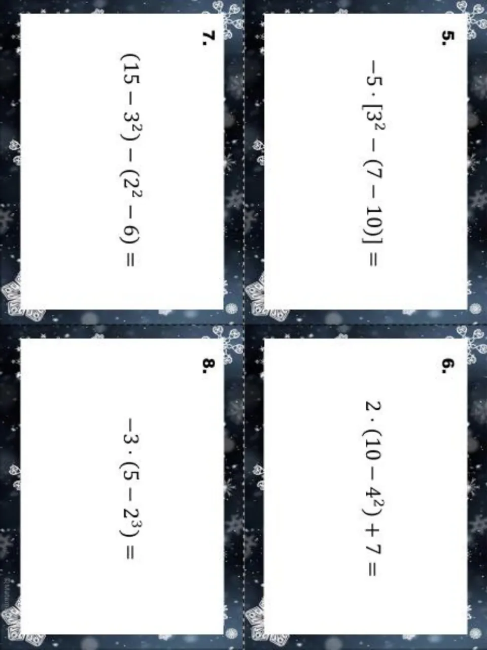 Winter task cards 5-8: students apply order of operations to integer expressions like -5·[3²-(7-10)] and -3·(5-2³)
