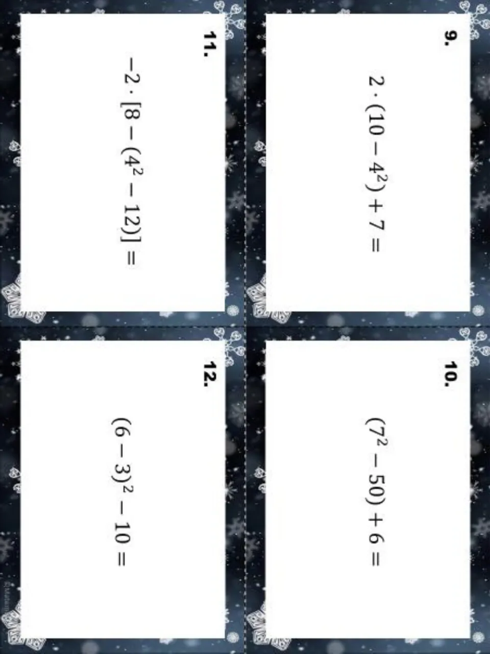 Winter task cards 9-12: students simplify integer expressions with exponents, such as (7²-50)+6 and -2·[8-(4²-12)]