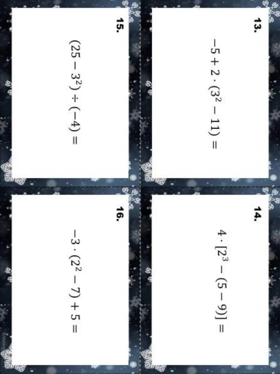 Winter task cards 13-16: students evaluate integer expressions like -5+2·(3²-11) and (25-3²)÷(-4)