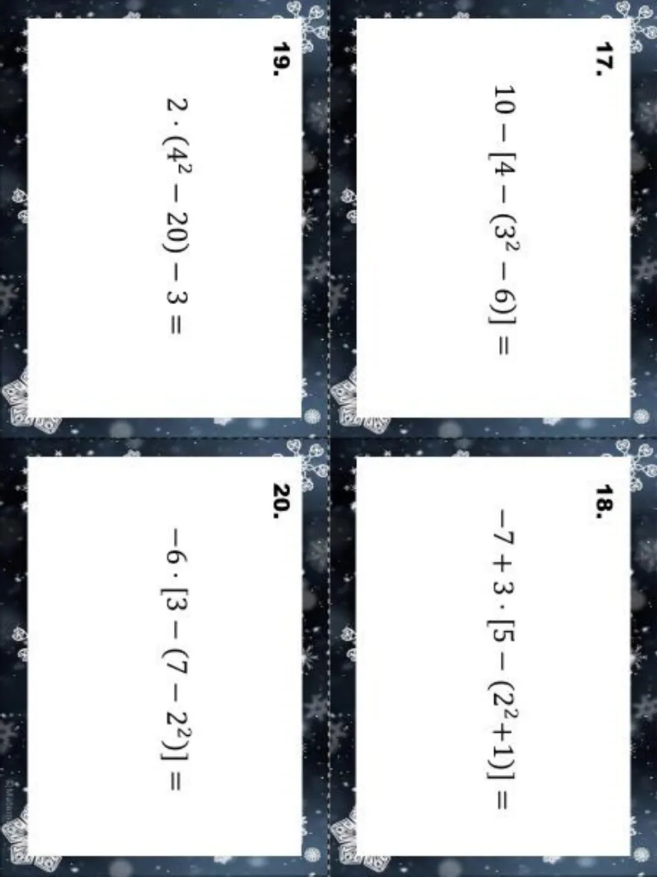 Winter task cards 17-20: students simplify nested bracket integer expressions, such as 10-[4-(3²-6)] and -6·[3-(7-2²)]