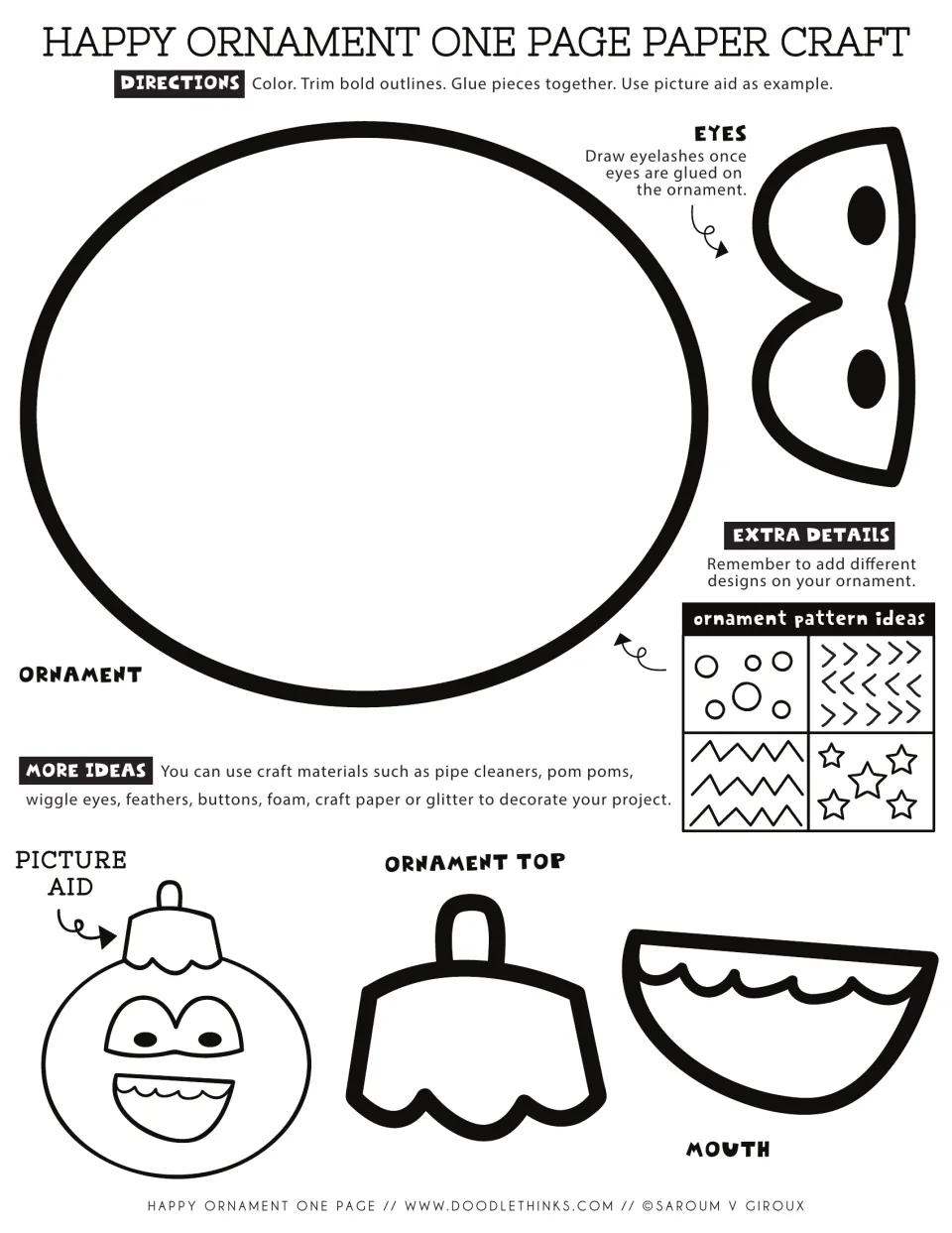 Happy ornament paper craft: students color, cut and glue the ornament, top, eyes and mouth, then add pattern designs