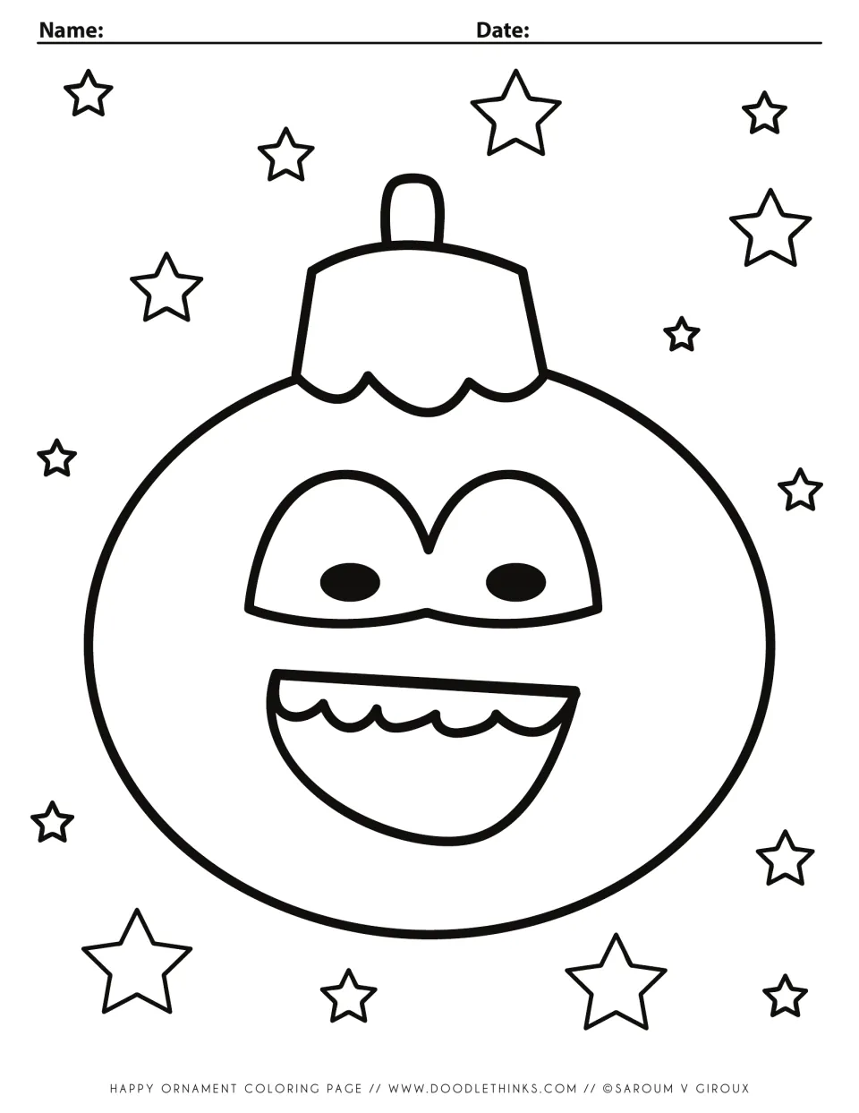 Happy ornament coloring page: a smiling ornament with big eyes and a toothy grin surrounded by stars for students to color