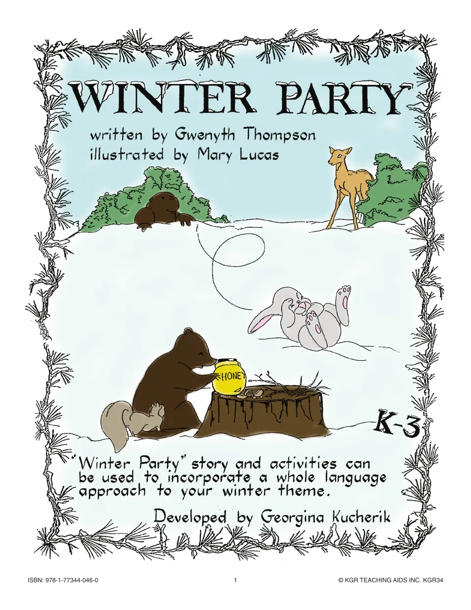 Winter Party cover: a bear with honey, squirrel, rabbit, deer and groundhog in snow; story and activities, K-3